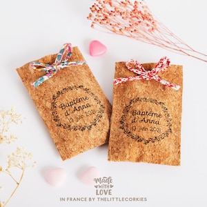 Bustina personalizzata in sughero e caramelle Liberty, contenente confetti bimba o bimbo, comunione, professione di fede, decoro battesimo Liberty