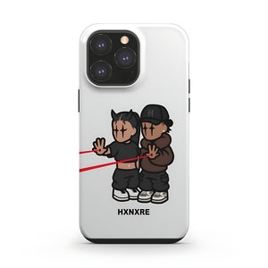 May include: White iPhone case featuring a black and white cartoon illustration of two people with red string tied around their wrists. The text "HXNXRE" is printed at the bottom of the case.