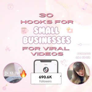 May include: A pink and white graphic with the text "30 Hooks for Small Businesses for Viral Videos" and a TikTok logo with the text "690.6K Followers". The graphic also includes a small image of a woman with blonde hair and a pink heart.