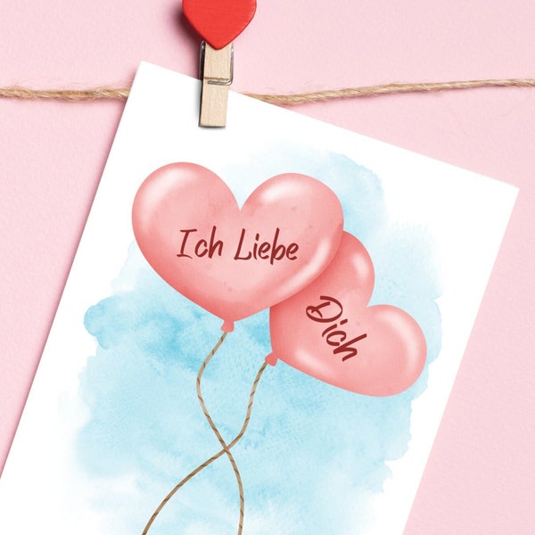 Romantic "Ich Liebe Dich" Heart Balloons German Greeting Card for Valentine Anniversary to Wife Husband Girlfriend Boyfriend Deutsch Love
