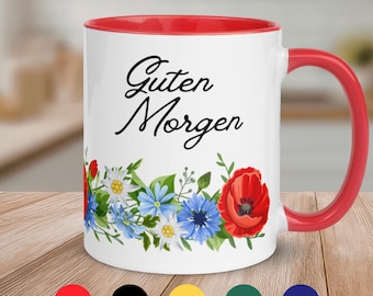 Guten-Morgen-Tasse mit Alpenblumen – Edelweiß, Mohnblumen, Kornblumen – in 5 Farben