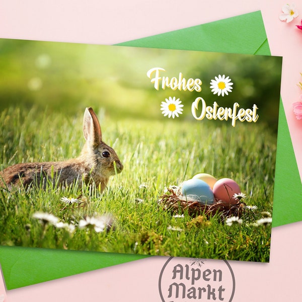 Cute German Easter card with bunny | Frohes Osterfest = Happy Easter | Card for Oma & Opa, Deutsch Family, Friends, German Teacher, Children