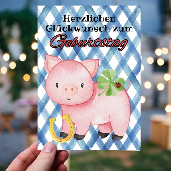 German Birthday card with good luck charms "Herzlichen Glückwunsch zum Geburtstag" for Deutsch Oma Opa Mama Papa Friend Teacher Neighbor