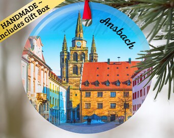 Ansbach Germany glass ornament with gift box, European keepsake present for Christmas Birthday Holiday German Mama Mom Dad Oma Opa family