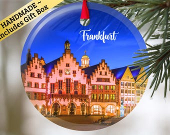 Frankfurt Germany glass ornament with gift box, keepsake present for Christmas Birthday Holiday German Mama Mom Dad Oma Opa military family