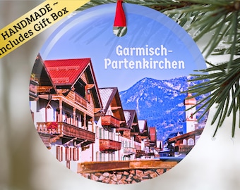 Garmisch-Partenkirchen Germany glass ornament with gift box, keepsake present for Christmas Birthday Holiday German Mama Mom Dad Oma Opa ski