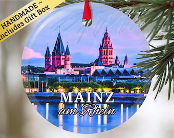 Mainz am Rhein Germany glass ornament with gift box, Rhine River city keepsake present for Christmas Birthday Holiday German Oma Opa family