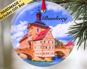 Bamberg Germany glass ornament with gift box, European keepsake present for Christmas Birthday Holiday German Mama Mom Dad Oma Opa military