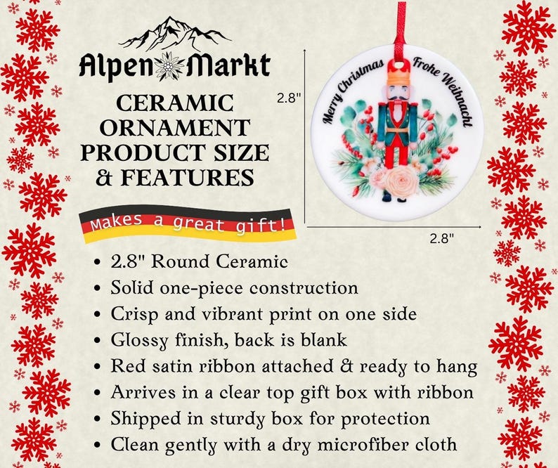 May include: A 2.8 inch round ceramic ornament featuring a nutcracker with a red and blue uniform, surrounded by greenery and flowers. The ornament has the text "Merry Christmas" and "Frohe Weihnachten" on it.