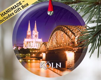 Köln Germany glass ornament with gift box, Cologne city keepsake present for Christmas Birthday Holiday German Mama Mom Dad Oma Opa family