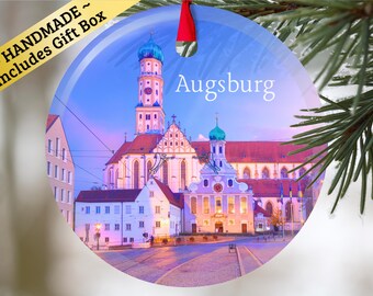 Augsburg Germany glass ornament with gift box, European keepsake present for Christmas Birthday Holiday German Mama Mom Dad Oma Opa family