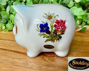 Blue Vintage German Ceramic Piggy Bank - featuring Edelweiss Alpine flowers