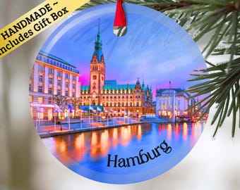 Hamburg Germany glass ornament with gift box, keepsake present for Christmas Birthday Holiday German Mama Mom Dad Oma Opa family neighbor