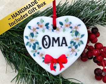 Oma German ceramic ornament with gift box, holiday Christmas present for German Granny Grandma Nana Holiday Birthday Valentines Mother&#39;s Day