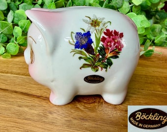 Pink Vintage German Ceramic Piggy Bank - featuring Edelweiss Alpine flowers