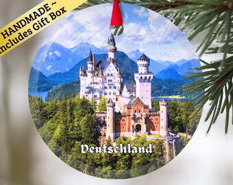 Deutschland glass ornament with gift box, Germany castle keepsake present for Christmas Birthday Holiday German Mama Mom Dad Oma Opa family