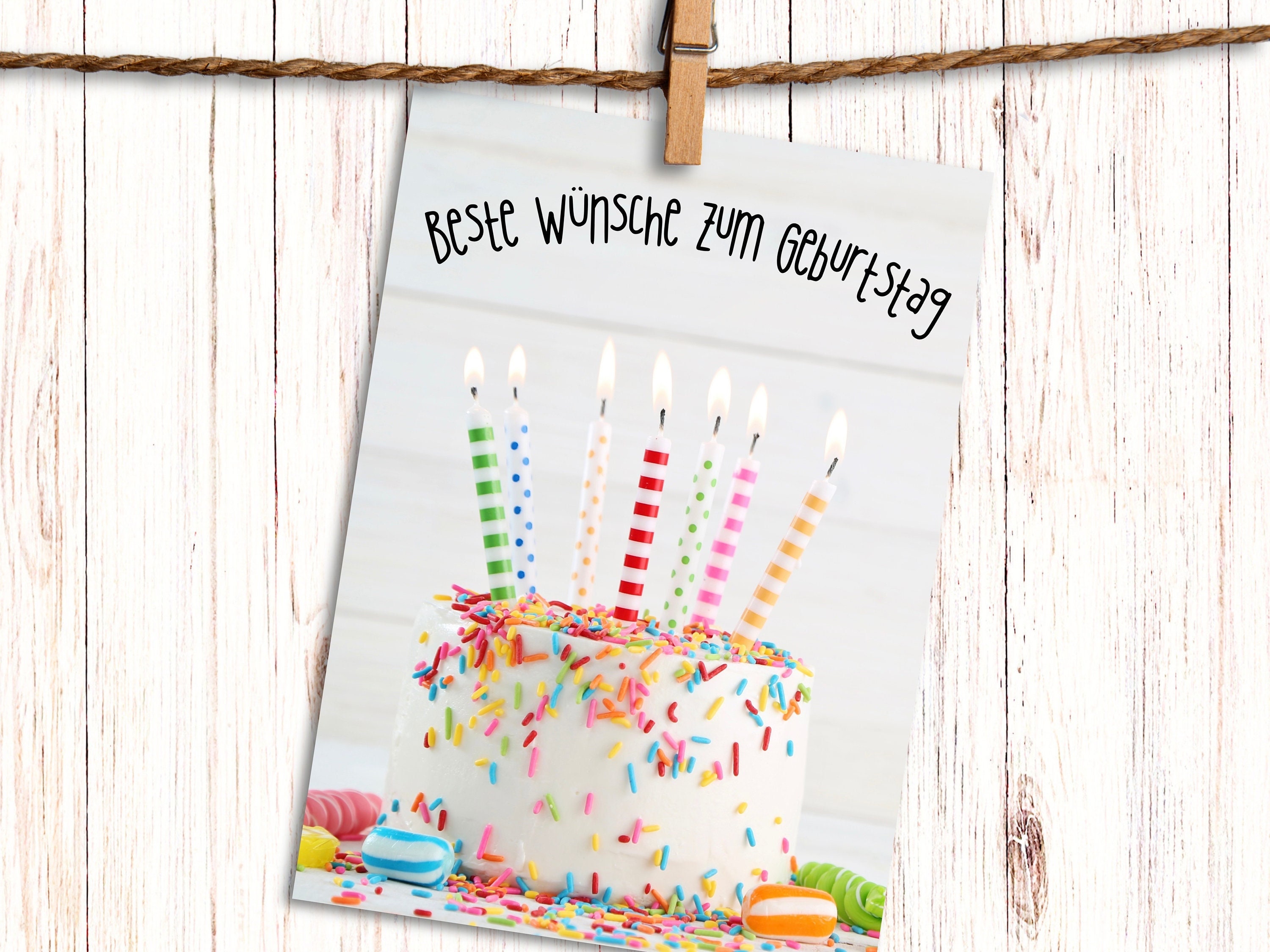 German Birthday card "Best Wishes for your Birthday" = "Beste Wünsche zum Geburtstag" cake with candles for Deutsch Oma Opa Mama Papa Friend