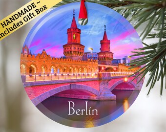 Berlin Germany glass ornament with gift box, European city keepsake present for Christmas Birthday Holiday German Mama Mom Dad Oma
