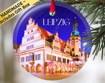Leipzig Germany glass ornament with gift box, city travel keepsake present for Christmas Birthday Holiday German Mama Mom Dad Oma Opa family