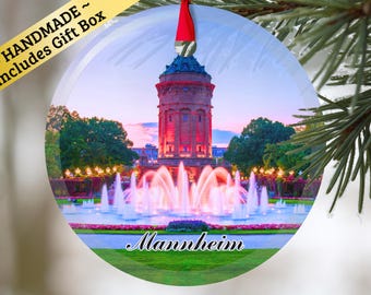 Mannheim Germany glass ornament with gift box, keepsake present for Christmas Birthday Holiday German Mama Mom Dad Oma Opa family friend
