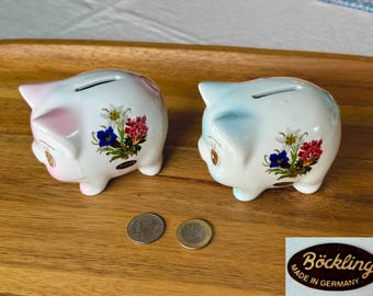 Pair of Vintage German Ceramic Piggy Banks - Pink and Blue - NOS featuring Edelweiss Alpine flowers