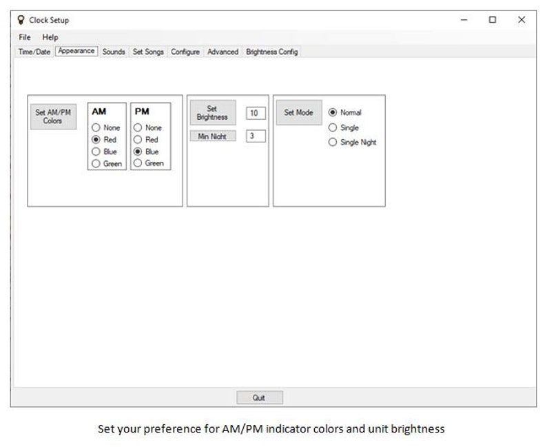 May include: A computer screen showing the "Clock Setup" interface. It features options to set AM/PM colours, brightness, and mode. The interface allows users to customise the clock's appearance, with red, blue, and green indicator options. The text "Set your preference for AM/PM indicator colours and unit brightness" is at the bottom.