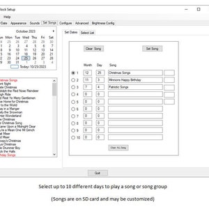 May include: A computer interface showing a clock setup. The screen displays a calendar for October 2023, with the 25th highlighted. Options are available to set songs for specific dates, including "Christmas Songs" and "Minions Happy Birthday".