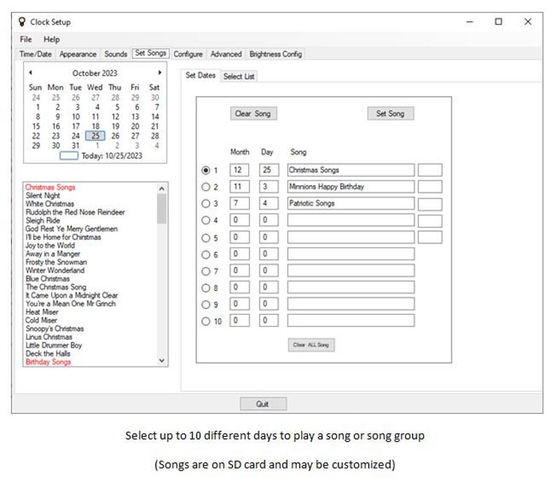 May include: A computer interface showing a clock setup. The screen displays a calendar for October 2023, with the 25th highlighted. Options are available to set songs for specific dates, including "Christmas Songs" and "Minions Happy Birthday".