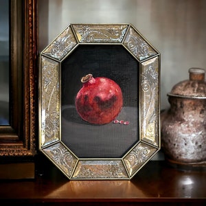 Pomegranate - Original oil painting in vintage mirrored frame with stand