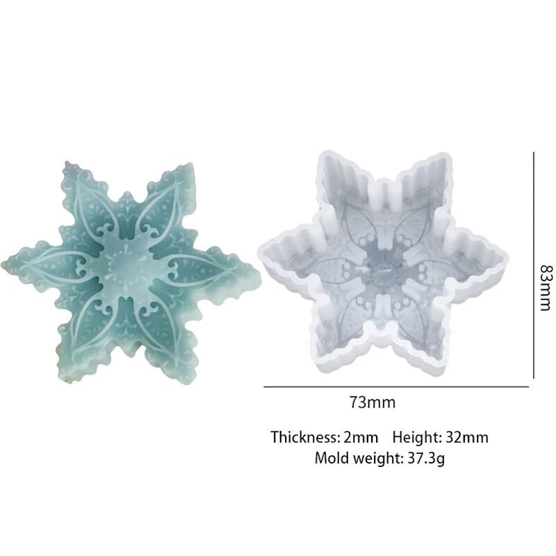 May include: A white silicone snowflake mold for making resin crafts. The mold is 7.3 cm wide and 8.3 cm tall. The mold is 0.2 cm thick and weighs 37.3 grams.
