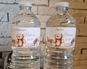 Étiquettes pour bouteilles d'eau 0.5L Baptême, fête, anniversaire, Baby shower, naissance - modèle 144 - Ourson Beige et Pampa Boho