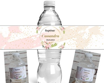 Étiquettes personnalisées autocollantes pour bouteille d'eau 0.50L Baptême, fête, anniversaire, Baby shower - modèle 04 rosé couronne dorée