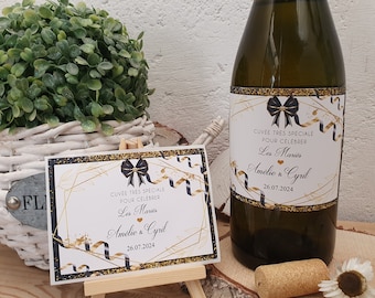 Lot étiquettes bouteilles de Vin et Champagne personnalisées pour votre évènement - Mariage Anniversaire Baptême noir et doré modèle 17