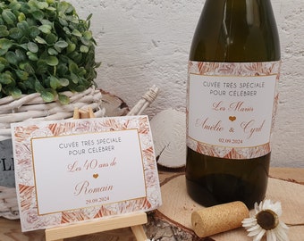 Lot étiquettes bouteilles de Vin et Champagne personnalisées pour votre évènement - Champêtre Pampas Beige et Brun modèle 19