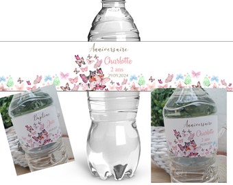 Étiquette personnalisée autocollante pour bouteille d'eau 0.5L Baptême, fête, anniversaire, Baby shower Naissance  - modèle 120 papillons