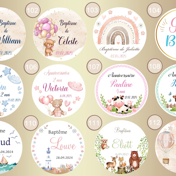 Gepersonaliseerde zelfklevende etiketten van 3,5 cm voor doop, verjaardag, babyshower, geboorte, feest, Battesimo - Collectie 2024