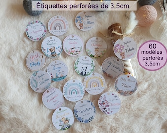 Étiquettes 3,5cm perforées  personnalisées pour Baptême, Anniversaire, Baby Shower, Naissance, Fête, boite pochon à dragées