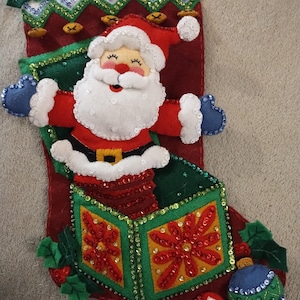 Christmas Bucilla Felt Stocking Finished - Santa Surprise