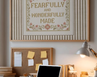 Fearfully and Wonderfully Made Cross Stitch Print, Christian Nursery Wall Art Neutral Scripture Baby Gift, Farmhouse Digital Download