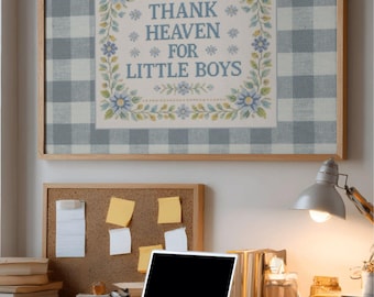 New Baby Boy Gift Nursery Decor, Thank Heaven for Little Boys Digital Print, Dusty Blue Floral Gingham Cross Stitch Wall Art, Plaid Sign DIY
