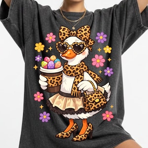Spring Mama Goose PNG, Coquette Goose PNG, Leopard Print Duck with Coffee & Easter Eggs, Cute Spring Sublimation Design for Shirt, Tote Bags