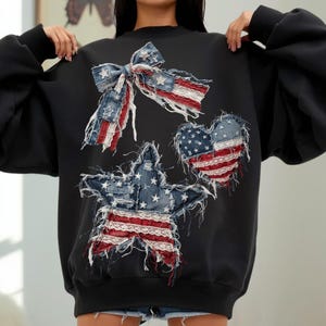 Noeud patriotique coeur étoile PNG, Sublimation de drapeau Coquette USA, lot de patchs en denim dentelle, 4 juillet modèles Western Boho, rétro Americana PNG