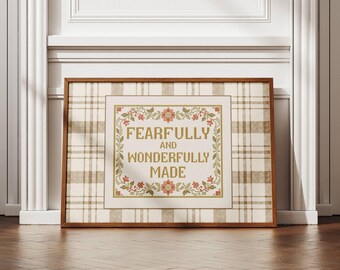 Beige Fearfully and Wonderfully Made Cross Stitch Wall Art, Christian Nursery Decor, Bible Verse Print, Baptism Gift, Neutral Plaid Poster
