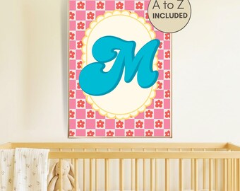 Personalized Home Decor Initial Wall Art, Girl Nursery Name Sign, Turquoise Pink Retro Printable Monogram, Alphabet Baby Shower Gift