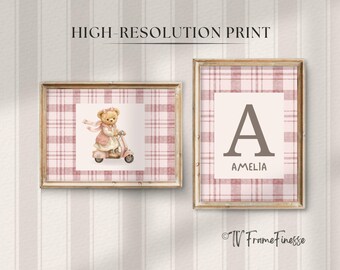Personalized Plaid Nursery Art: Vintage Teddy Bear Scooter Print, Girl Playroom Wall Art (Digital Download)