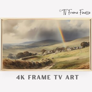 Frame TV Art St Patrick&#39;s Day Rainbow in Vintage Landscape, Rainbow in Green Countryside Watercolor Painting, Seasonal Samsung Frame TV Art