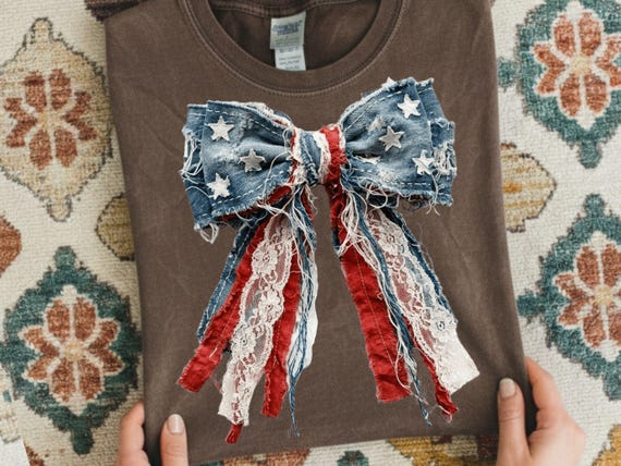 4th of July Patriotic Denim Lace Bow PNG, USA Flag Ribbon Grandmillennial Sublimation Design (Digital Download)