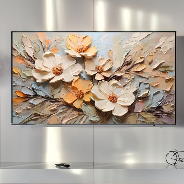 Frame TV Art Abstract Flower Painting Floral Painting Digital Download Impasto Textured 3D Wildflower Art for Frame TV Pastel Neutral Tones