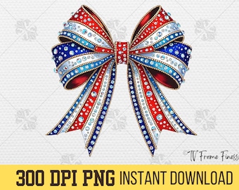 Coquette Bow PNG: Sparkle Faux Rhinestone USA Patriotic Design (Digital Download)