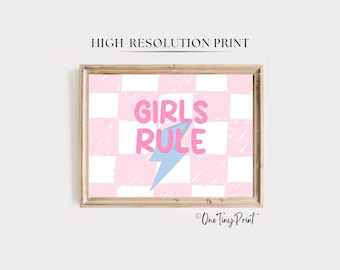 Girls Rule Wall Art Pink Checkerboard Printable Poster Light Blue Lightning Bolt Kids Bedroom Decor Retro Preppy Nursery Digital Download